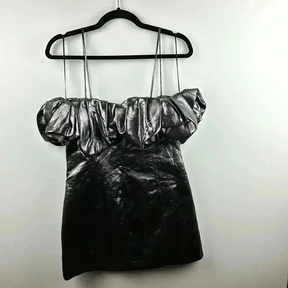ZARA MINI COCKTAIL/PARTY DRESS SZ M METALLIC FABRIC RUFFLED TOP THIN STRAPS NWT - Picture 4 of 6